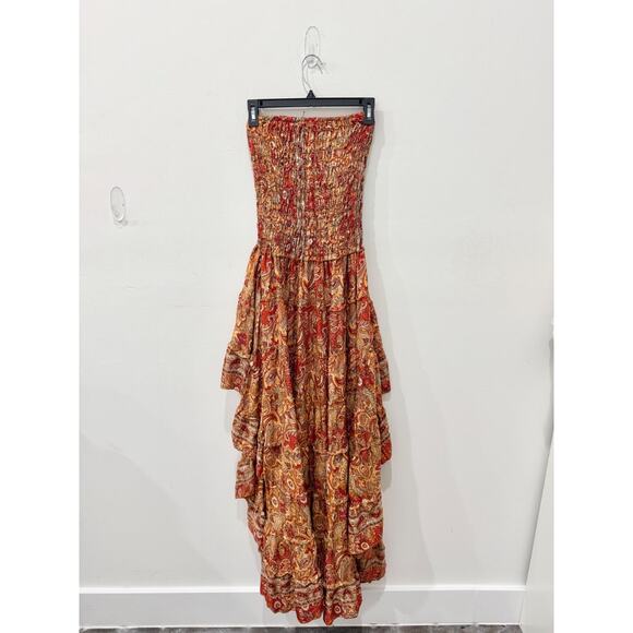 Paisley Print Strapless Smocked High Low Hem Maxi Dress Orange/Red Women's XS - Picture 2 of 2